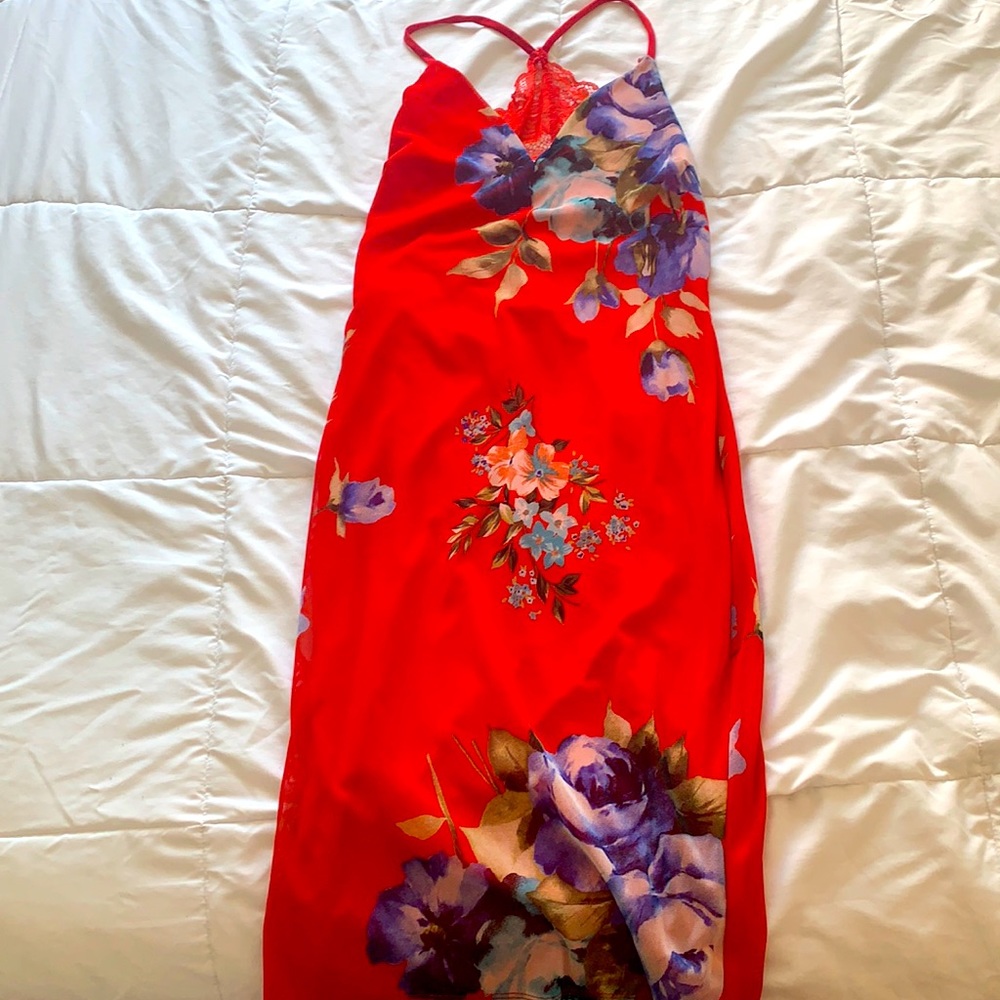 Red floral dress, red lace back